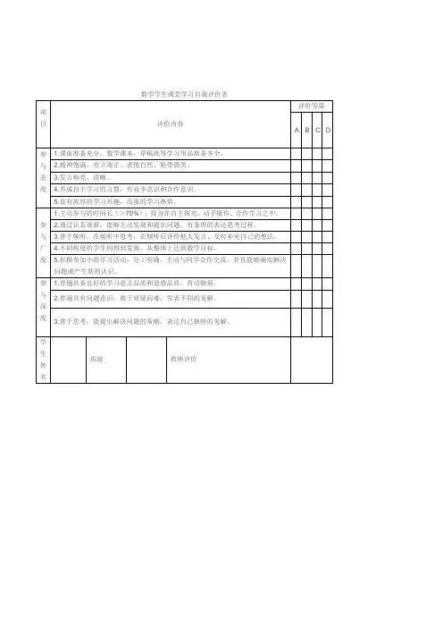 高中生数学学生课堂学习自我评价表