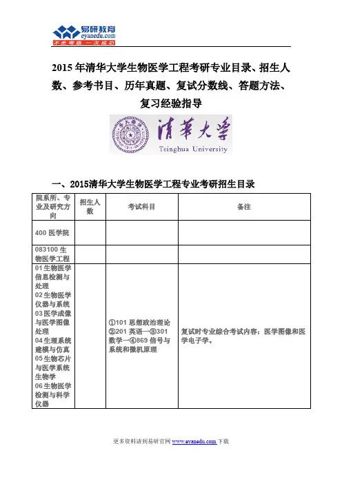 2015清华大学生物医学工程考研专业目录招生人数参考书目历年真题复试分数线答题方法