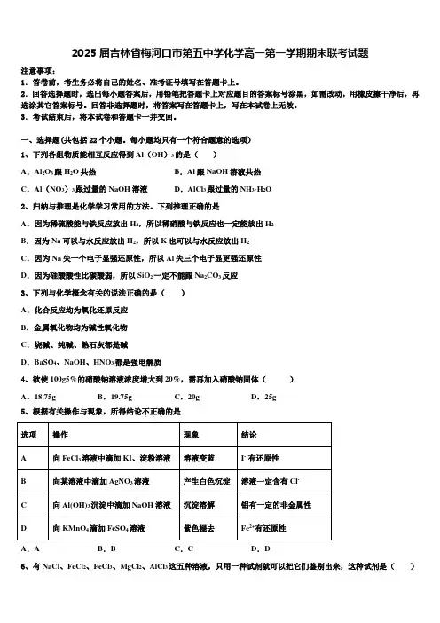 2025届吉林省梅河口市第五中学化学高一第一学期期末联考试题含解析