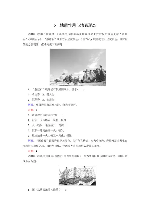 2019年高考地理总复习选择题强化增分练习题：专题5地质作用与地表形态(有答案)