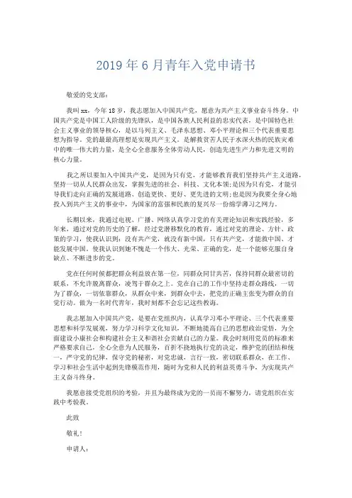 党团工会-2019年6月青年入党申请书 精品