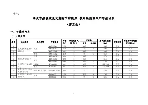 享受车船税减免优惠的节约能源 使用新能源汽车车型目录(第五批)