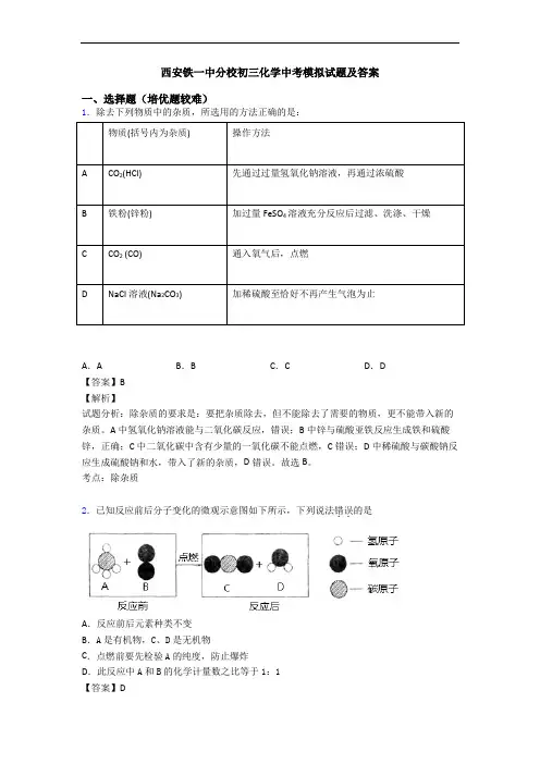 西安铁一中分校初三化学中考模拟试题及答案