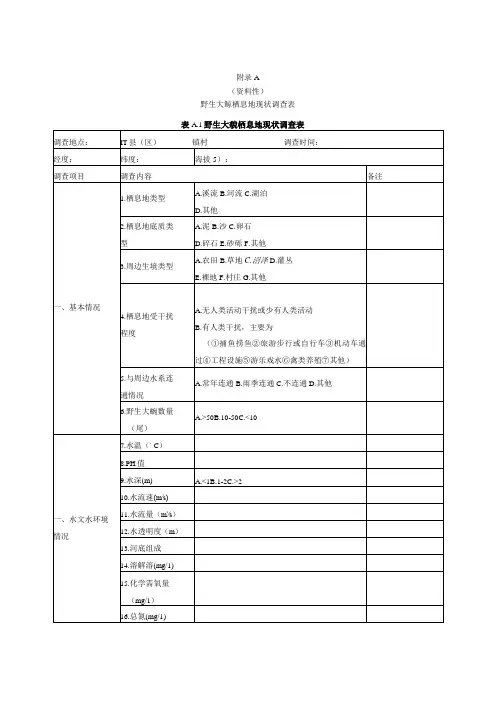 野生大鲵栖息地现状调查表、评估编写大纲、河岸带植被修复常见水生、陆生植物、食物链修复可利用的常见动物
