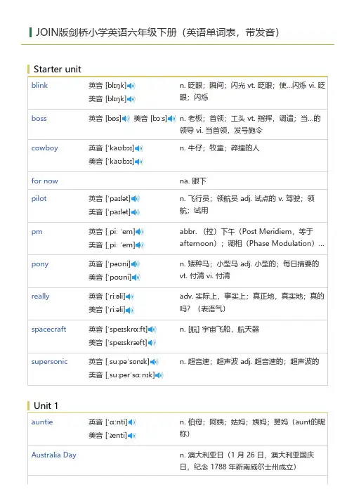 JOIN版剑桥小学英语六年级下册(英语单词表)