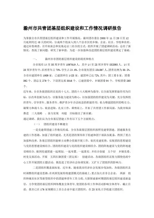 滁州市共青团基层组织建设和工作情况调研报告