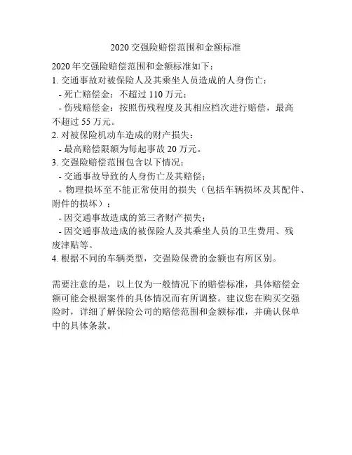 2020交强险赔偿范围和金额标准
