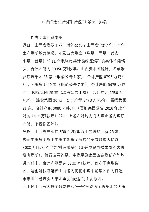 (完整版)山西全省生产煤矿产能“全景图”排名
