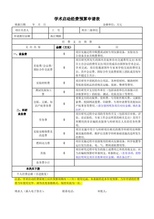 专项经费预算申报表