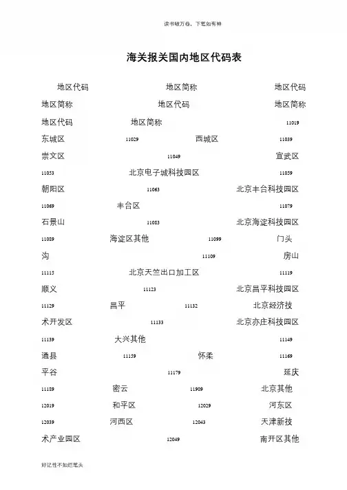 海关报关国内地区代码表