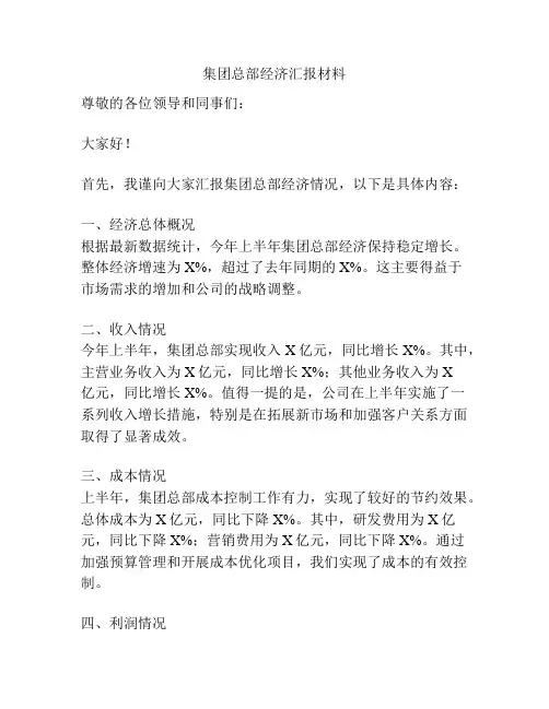 集团总部经济汇报材料