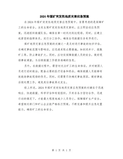 2024年煤矿突发性地质灾害应急预案