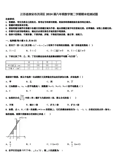 江苏省淮安市洪泽区2024届八年级数学第二学期期末检测试题含解析