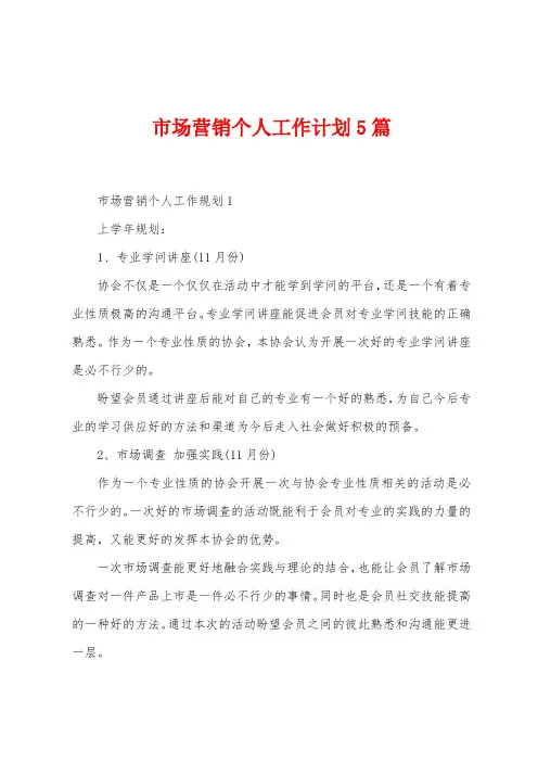 市场营销个人工作计划5篇