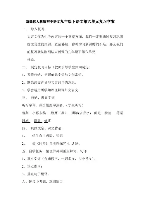 初中语文九年级下语文第六单元复习学案