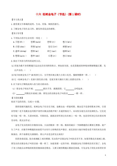 七年级语文下册16《松树金龟子(节选)》精品导学案苏教版