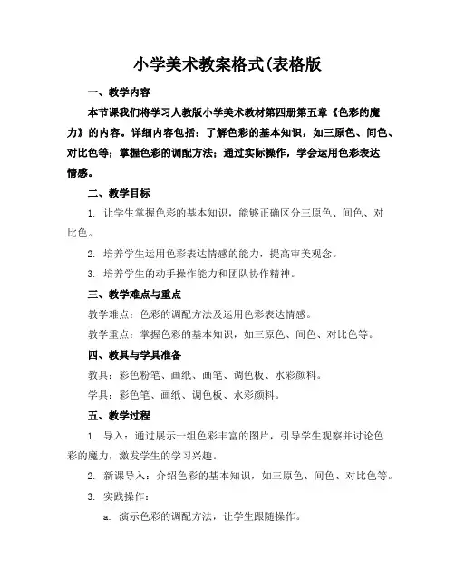 小学美术教案格式(表格版