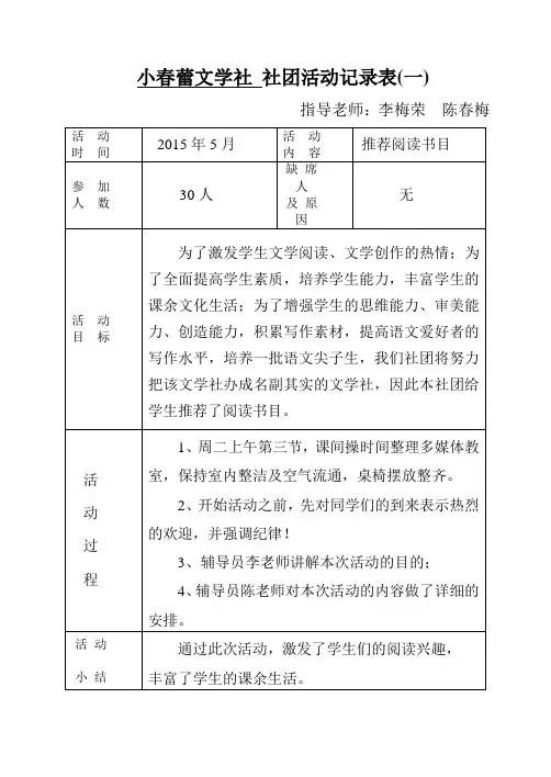 小春蕾文学社 社团活动记录表(一)