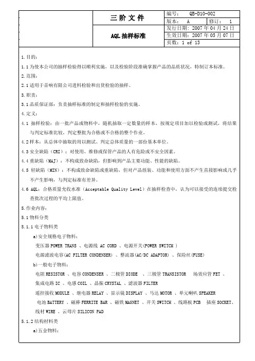 音响 AQL抽样及缺陷分类标准