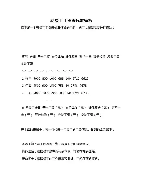 新员工工资表标准模板