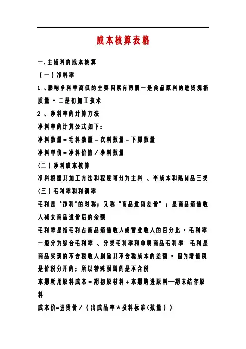 餐饮业成本核算表格