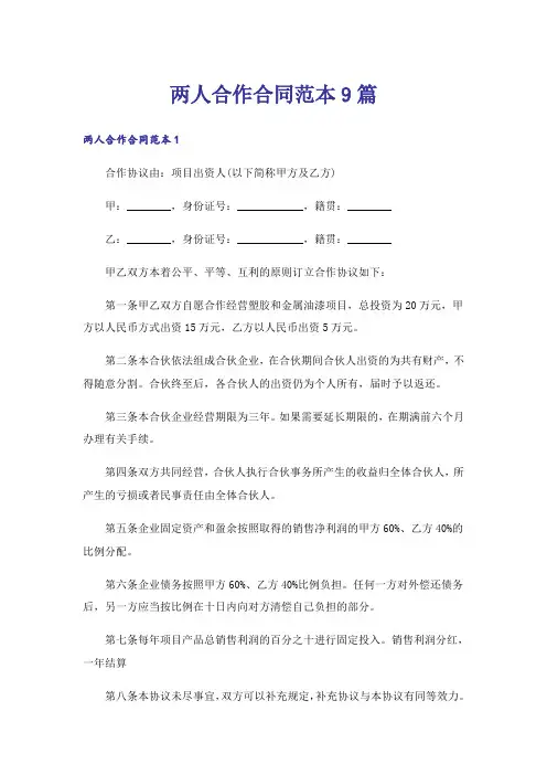 两人合作合同范本9篇