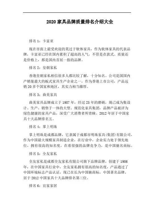 2020家具品牌质量排名介绍大全