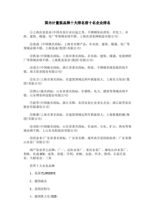 国内计量泵品牌十大排名前十名企业排名