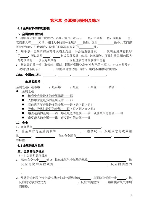 九年级化学上册《第六章 金属》知识提纲及练习(无答案