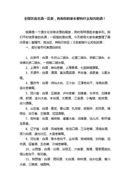 全国各省名酒一览表，看看你的家乡都有什么知名的酒！