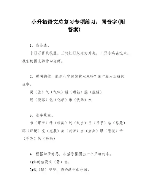 小升初语文总复习专项练习：同音字(附答案)