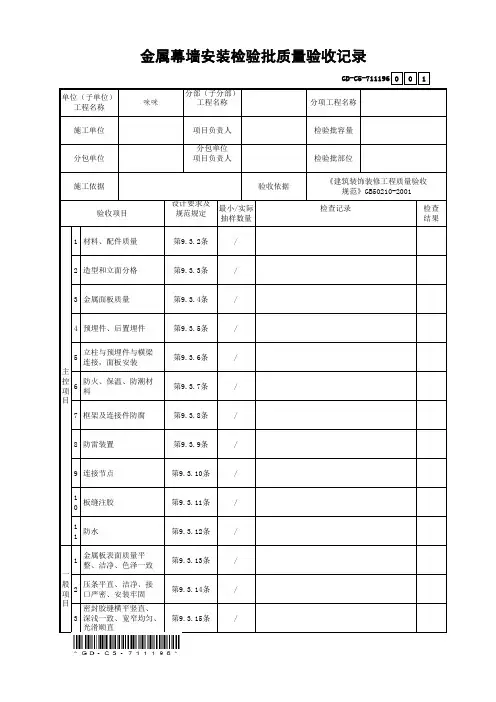 7.1.1.196、金属幕墙安装检验批质量验收记录