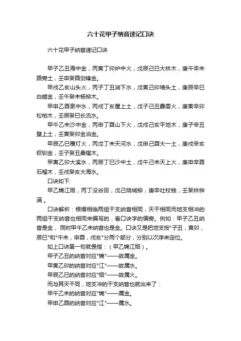 六十花甲子纳音速记口诀