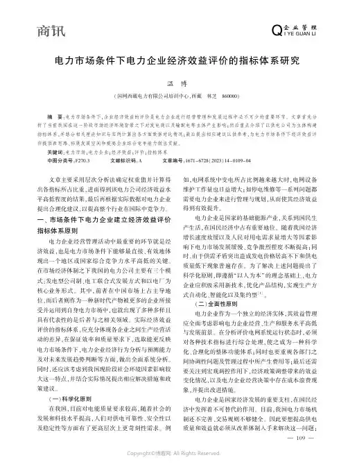 电力市场条件下电力企业经济效益评价的指标体系研究