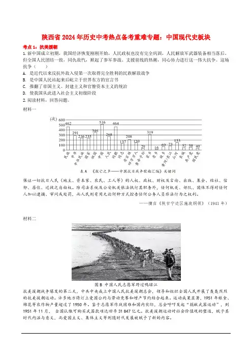 陕西省2024年历史中考热点备考重难专题：中国现代史板块(课前练习)