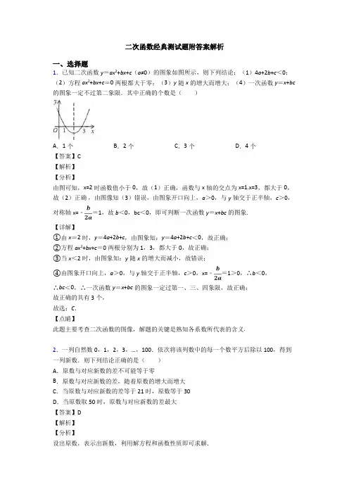二次函数经典测试题附答案解析