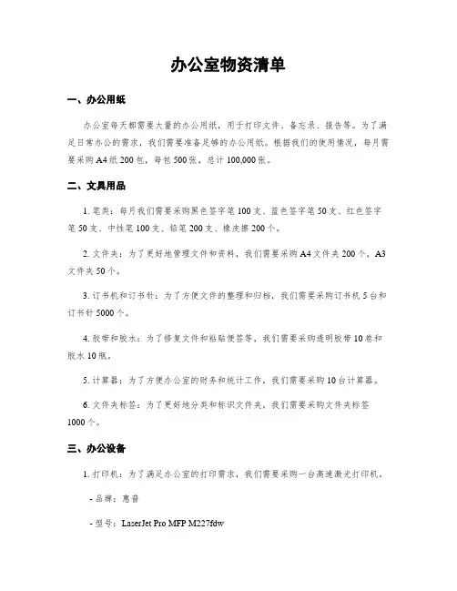 办公室物资清单