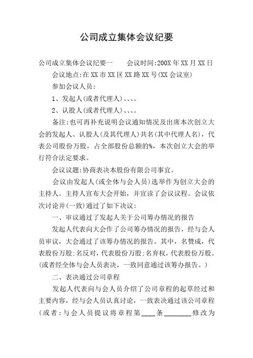 公司成立集体会议纪要