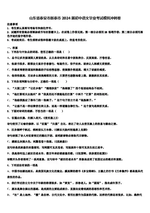 山东省泰安市新泰市2024届初中语文毕业考试模拟冲刺卷含解析