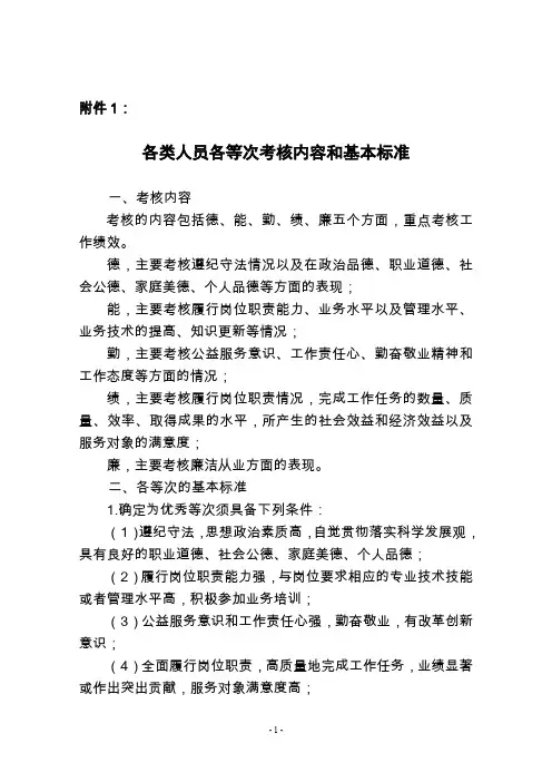 各类人员各等次考核内容和基本标准
