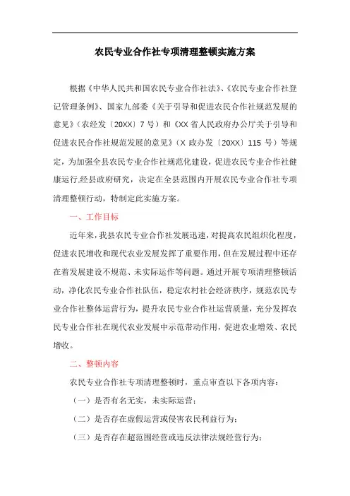 农民专业合作社专项清理整顿实施方案