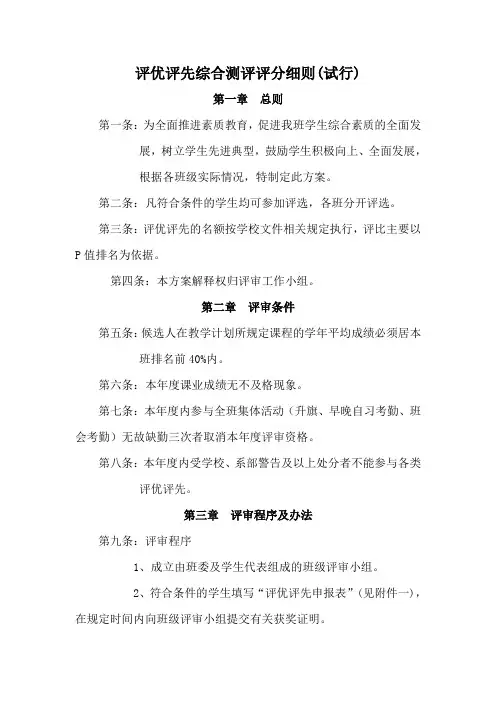 评优评先综合测评评分细则(试行)