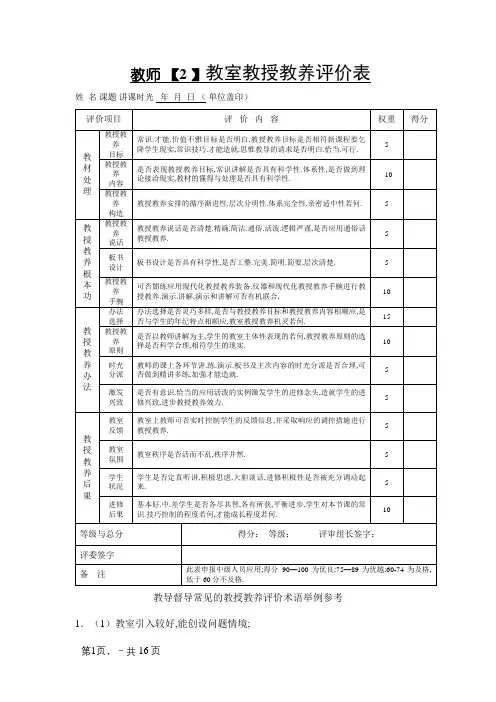 教师课堂教学评价大全(附带评语)