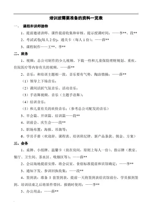 培训会议需要准备的资料分工一览表