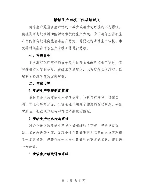 清洁生产审核工作总结范文