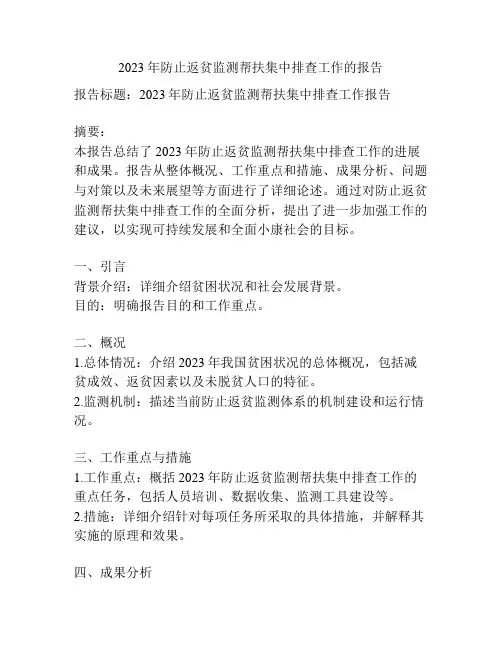 2023年防止返贫监测帮扶集中排查工作的报告