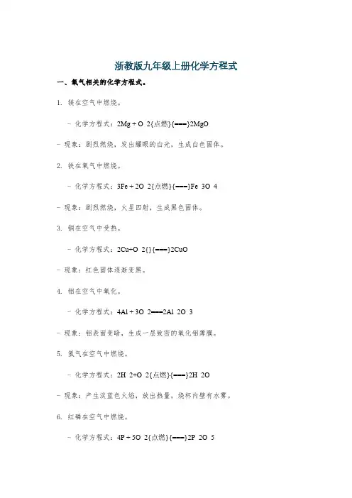 浙教版九年级上册化学方程式