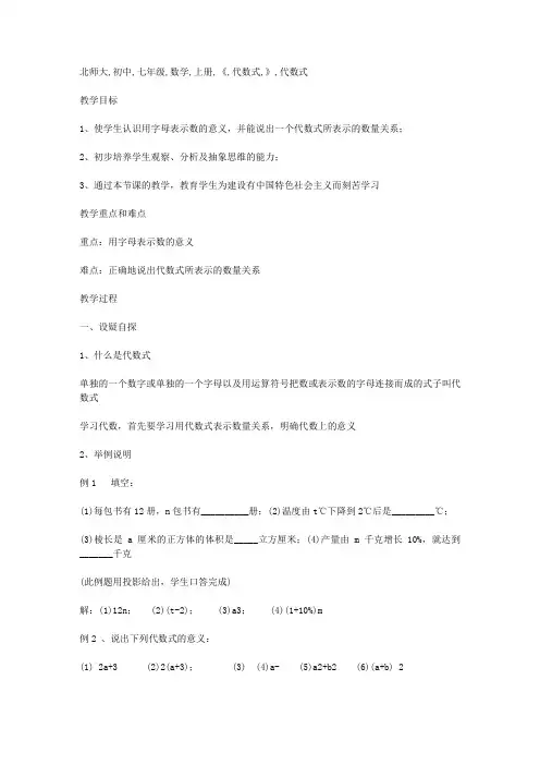 北师大初中七年级数学上册《代数式》教案