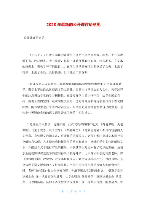 2023年最新的公开课评价意见