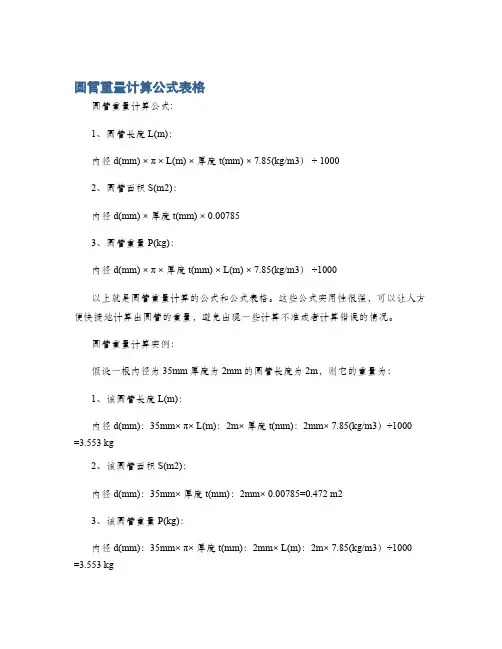圆管重量计算公式表格